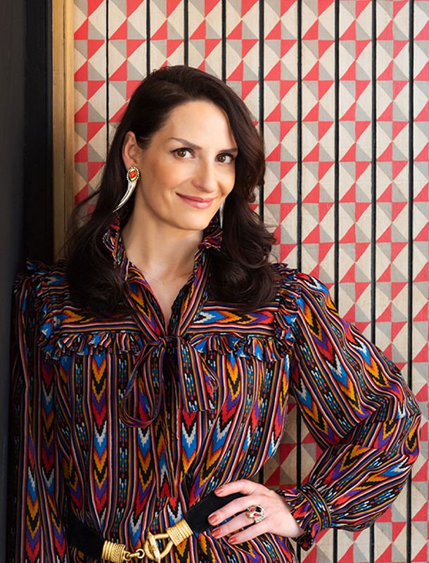 Carmen wears '70s Saint Laurent Aztec blouse, '70s Emanuel Ungaro belt, Shellbound Haute Couture rhinestone earclips, Chanel Vintage beaded silver Phoenix ring. Collector Stories: Carmen Haid