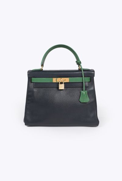 Hermès '90s Bleu Marine/Vert Bengale Courchevel Kelly 28 Retourné - 1
