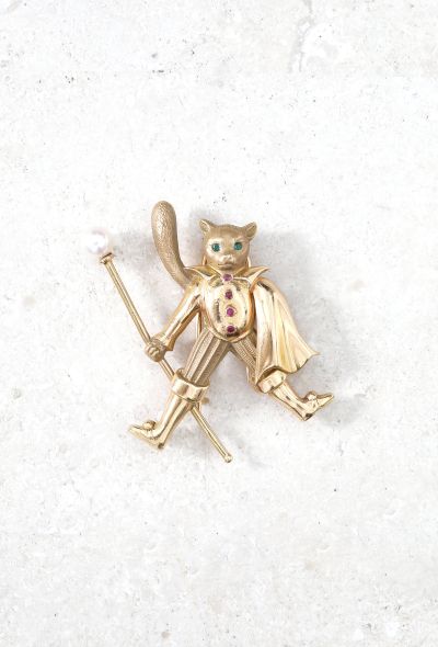                             18k Yellow Gold, Pearl, Emerald & Ruby Cat Brooch - 1