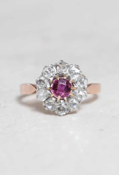                             Antique 18k Gold, Platinum, Diamond & Pink Sapphire Daisy Ring - 1