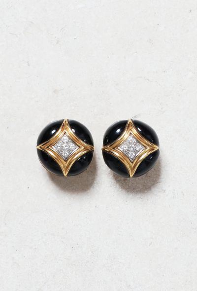                                         Vintage 18K Gold, Onyx &amp; Diamond Clip on Earrings-1