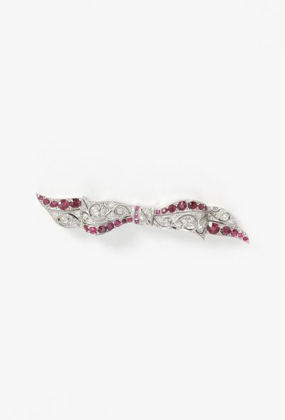 Vintage Fine Jewelry Art Deco Platinum & White Gold Diamond Ruby Bow Brooch - 1