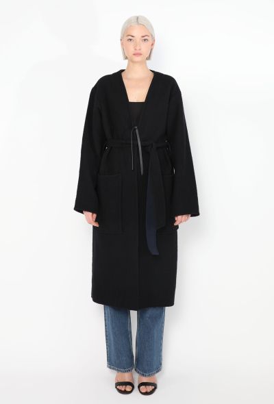 Céline Navy Belted Collarless Coat - 2 Céline Navy Belted Collarless Coat - 2