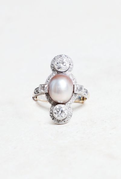                                         Antique 18k Gold Diamond &amp; Natural Pearl Ring-1
