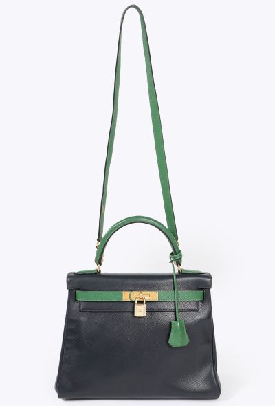 Hermès '90s Bleu Marine/Vert Bengale Courchevel Kelly 28 Retourné - 2