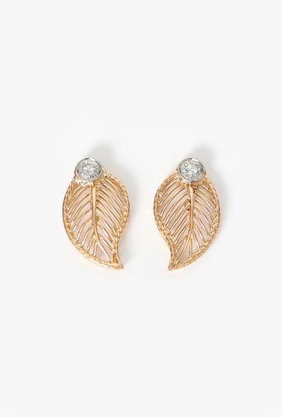 Vintage Fine Jewelry 18K Rose Gold Leaf Diamond Earrings - 1