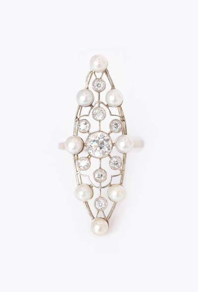 Vintage Fine Jewelry 18k White Gold, Pearl & Diamond Marquise Ring - 1 Vintage Fine Jewelry 18k White Gold, Pearl & Diamond Marquise Ring - 1