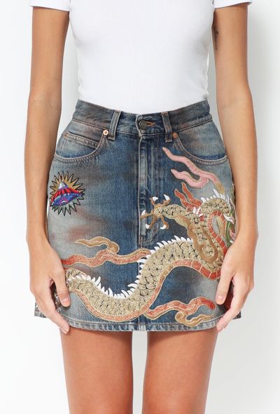                             Gucci by Alessandro Michele Denim Embroidered Dragon Skirt