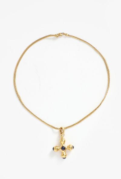 Vintage Fine Jewelry Vintage 18K Yellow Gold & Sapphire Cabochon Greek Cross Necklace - 1