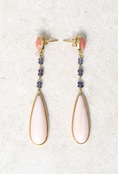 Vintage & Antique 18k Yellow Gold, Angel Skin Coral & Sapphire Earrings - 2