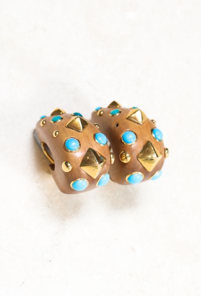                             Trianon 18k Gold, Wood & Turquoise Clip Earrings - 2