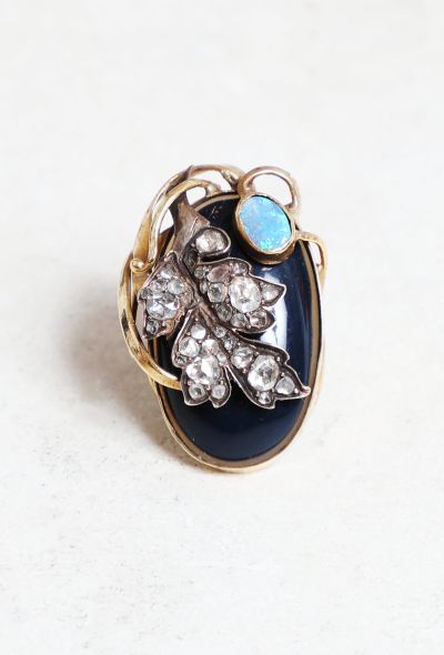                                         Art Nouveau 18k Gold, Blue Agate, Opal &amp; Diamond Ring-1