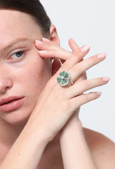                                         18k Gold, Diamond & Green Gemstone Clover Ring-2