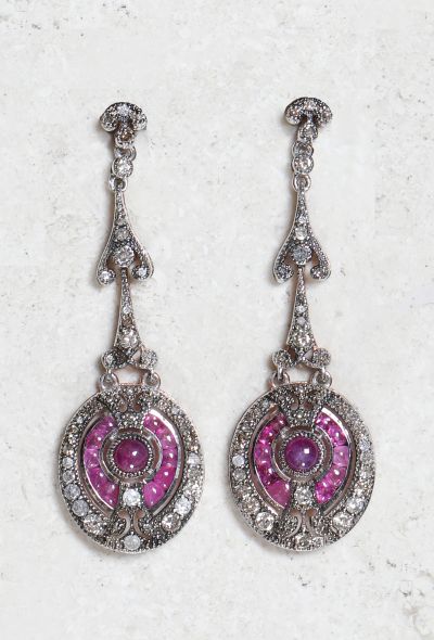                             Vintage 18k Pink Gold, Silver, Diamond and Ruby Earrings