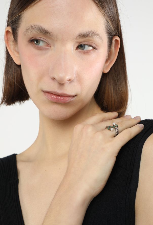 David Yurman 14K Yellow Gold, Emerald & Pearl Silver Cable Bypass Ring - 4