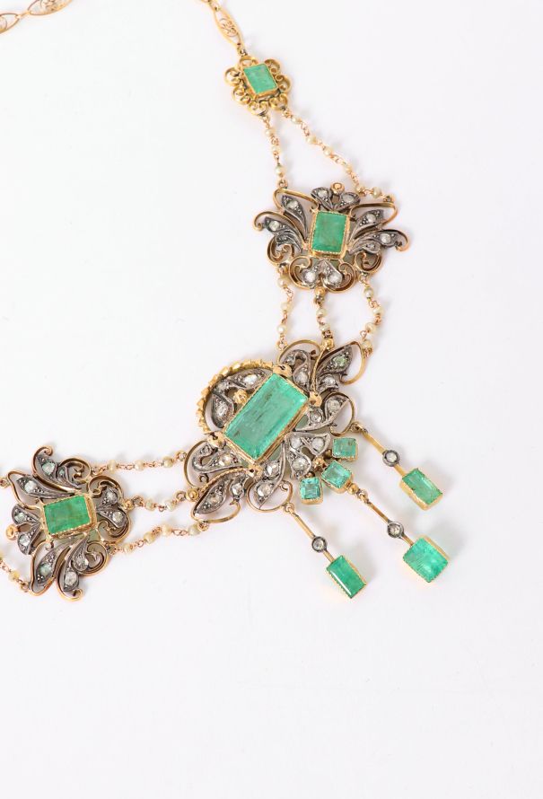 Vintage Fine Jewelry 18k Yellow Gold, Emerald & Diamond Arabesque Necklace - 4 Vintage Fine Jewelry 18k Yellow Gold, Emerald & Diamond Arabesque Necklace - 4