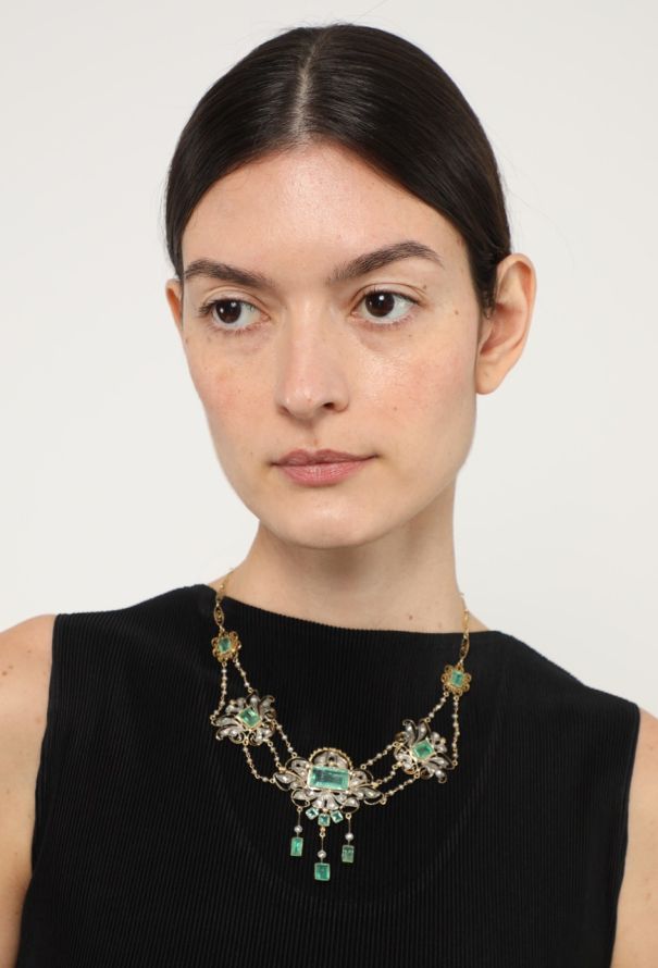 Vintage Fine Jewelry 18k Yellow Gold, Emerald & Diamond Arabesque Necklace - 2 Vintage Fine Jewelry 18k Yellow Gold, Emerald & Diamond Arabesque Necklace - 2