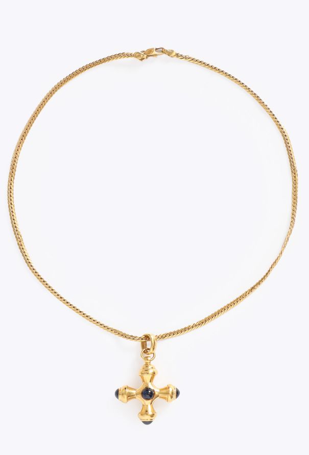 Vintage Fine Jewelry 18K Yellow Gold & Sapphire Cabochon Greek Cross Necklace - 1
