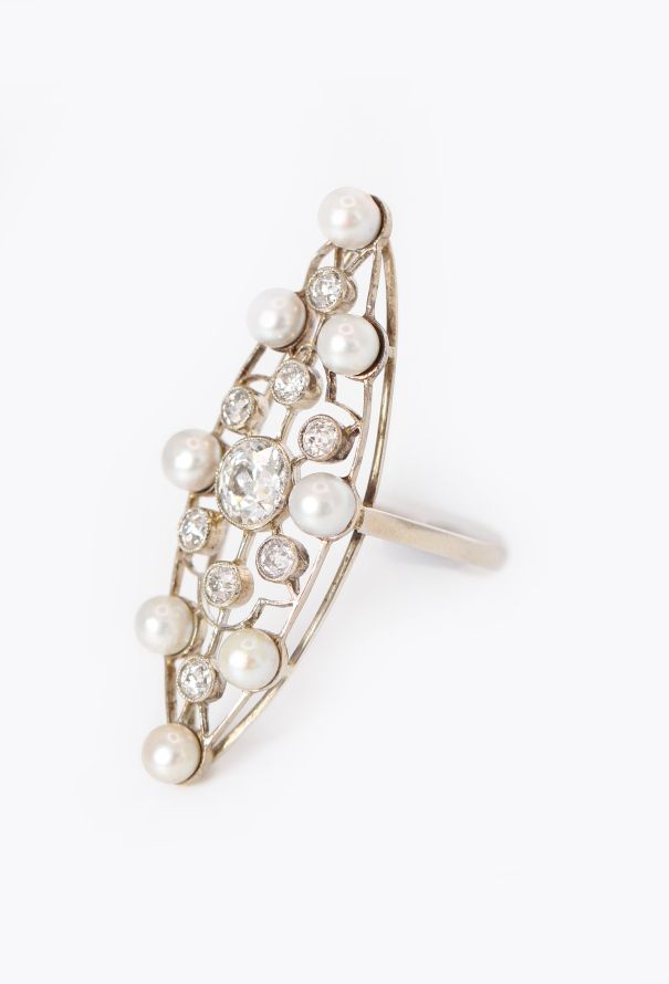Vintage Fine Jewelry 18k White Gold, Pearl & Diamond Marquise Ring - 3 Vintage Fine Jewelry 18k White Gold, Pearl & Diamond Marquise Ring - 3
