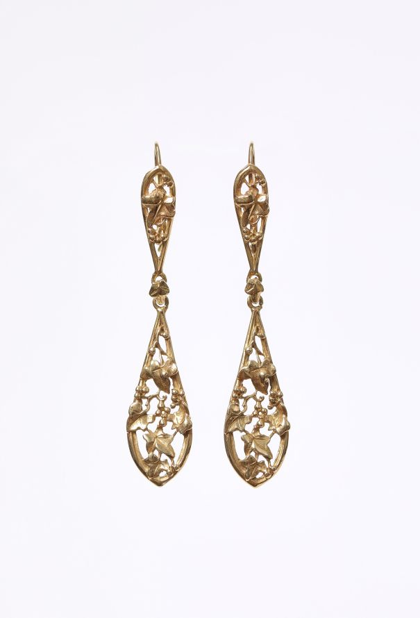 Vintage Fine Jewelry 18k Yellow Gold Leaf Pendant Earrings - 1