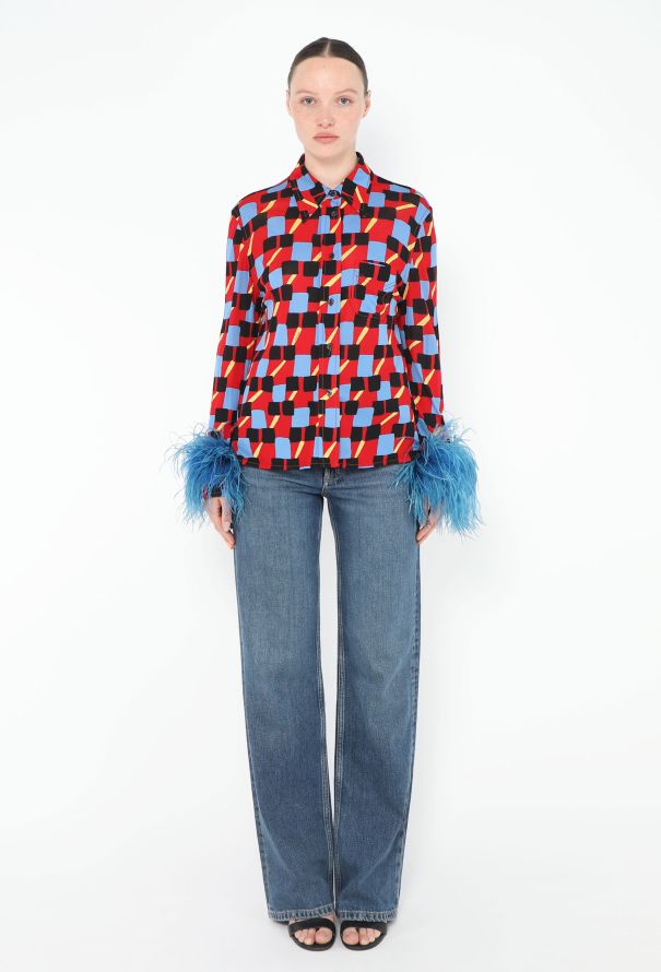 Prada S/S 2017 Graphic Ostrich Trim Blouse - 5