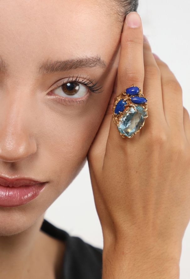 Vintage Fine Jewelry '70s Arthur King 18K Yellow Gold, Aquamarine & Lapis Lazuli Ring - 2
