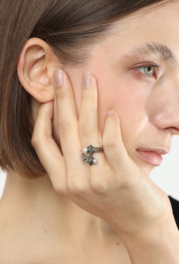 David Yurman 14K Yellow Gold, Emerald & Pearl Silver Cable Bypass Ring - 2