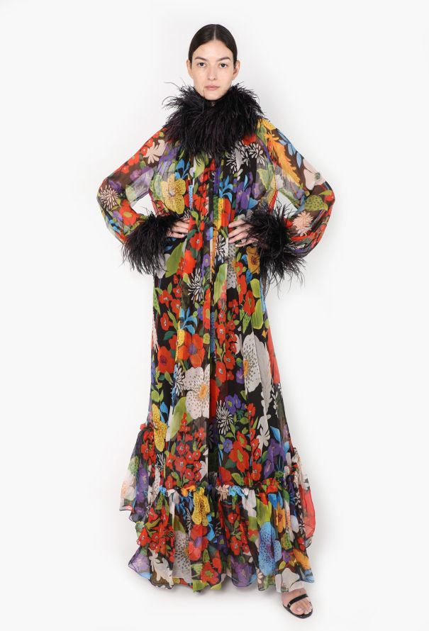 Saint Laurent S/S 2021 Ostrich Feather Chiffon Gown - 1