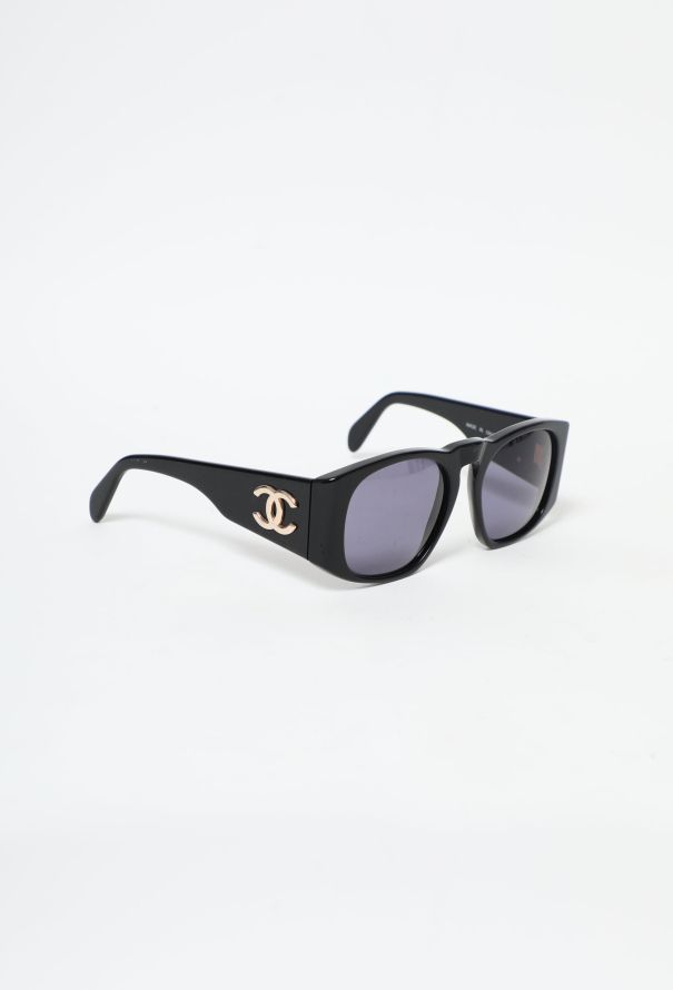 Chanel Black Quilted Rectangular Gold CC Logo Sunglasses