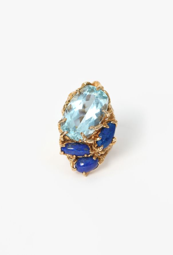 Vintage Fine Jewelry '70s Arthur King 18K Yellow Gold, Aquamarine & Lapis Lazuli Ring - 1