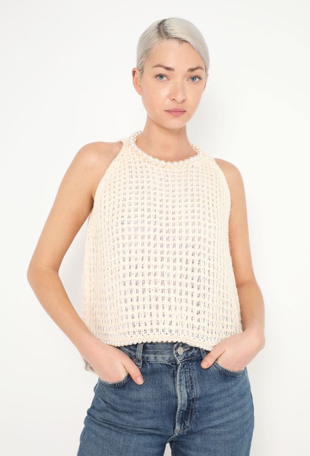 Chanel Woven Silk Pearl Trim Top - 1