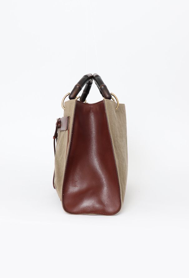 Gucci Khaki Canvas Bamboo Tote Bag - 5