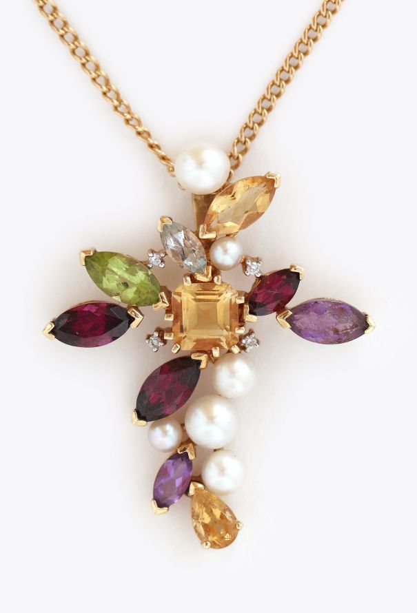 Christian Lacroix RARE 18K Yellow Gold Multi-Gem Cross Pendant - 3 Christian Lacroix RARE 18K Yellow Gold Multi-Gem Cross Pendant - 3