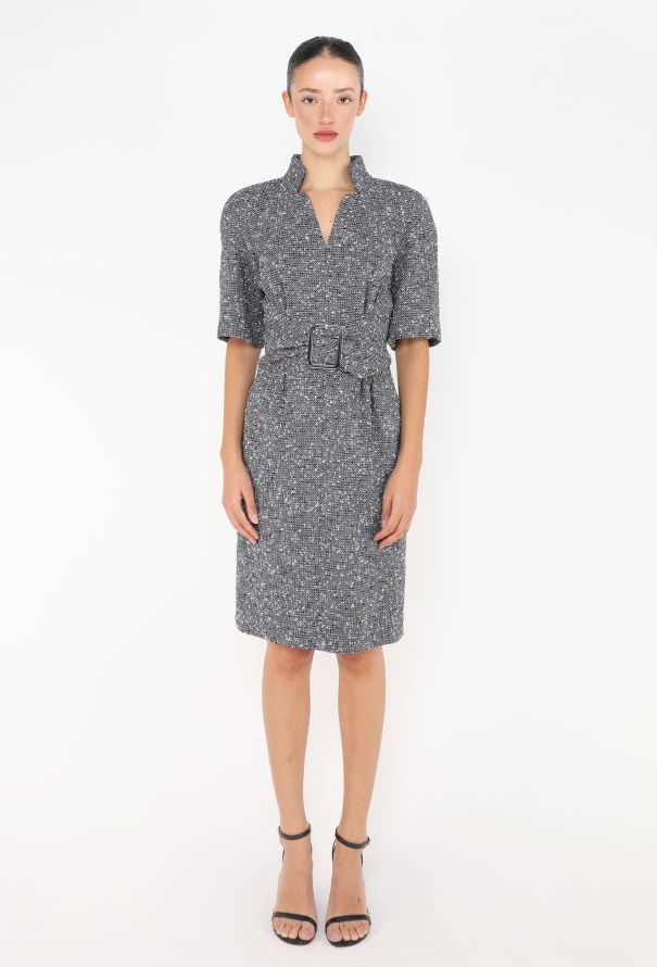Chanel Tonal Belted 'CC' Bouclé Dress - 1