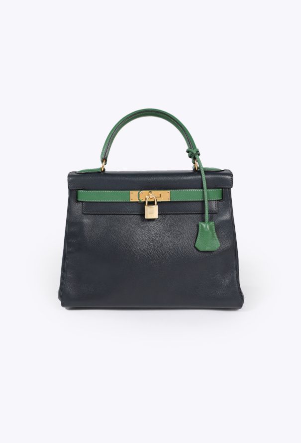 Hermès '90s Bleu Marine/Vert Bengale Courchevel Kelly 28 Retourné - 1