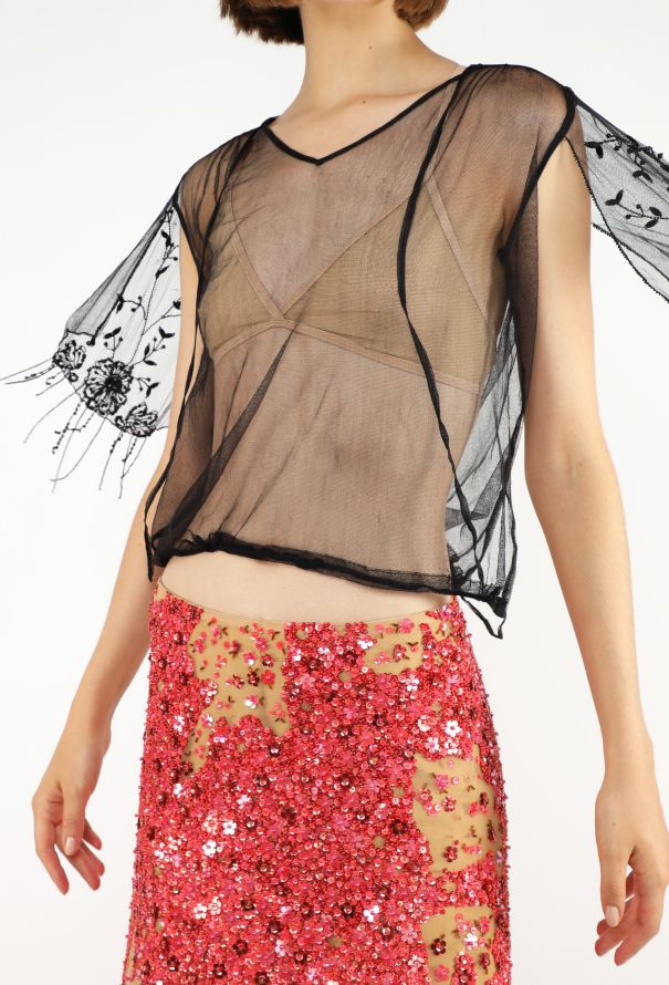 Dries Van Noten Beaded Appliqué Mesh Top, Early 2000s - 2