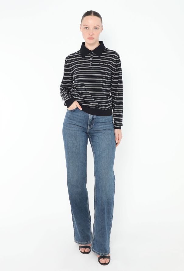 Miu Miu 2024 Striped Logo Polo Top Navy - 3
