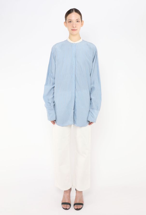 Céline Pinstripe Cotton Tunic Shirt - Blue & White - 2