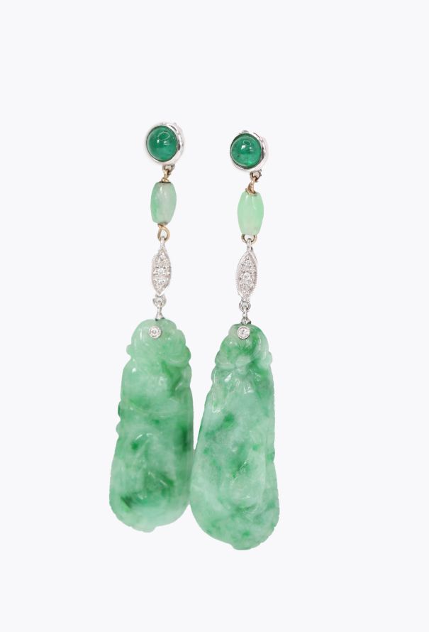 Vintage Fine Jewelry 18k White Gold, Emerald, Diamond & Jade Earrings - 3 Vintage Fine Jewelry 18k White Gold, Emerald, Diamond & Jade Earrings - 3