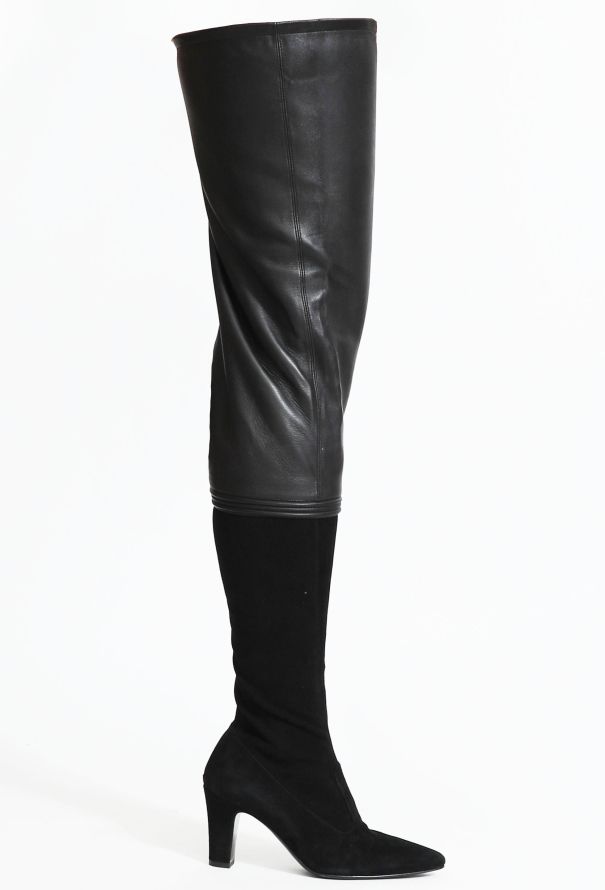 Chanel Black Leather Thigh-High Pearl Heel Boots Heels 38.5 at 1stDibs
