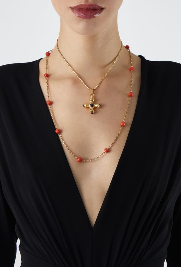 Vintage Fine Jewelry Vintage 18K Yellow Gold & Sapphire Cabochon Greek Cross Necklace - 5