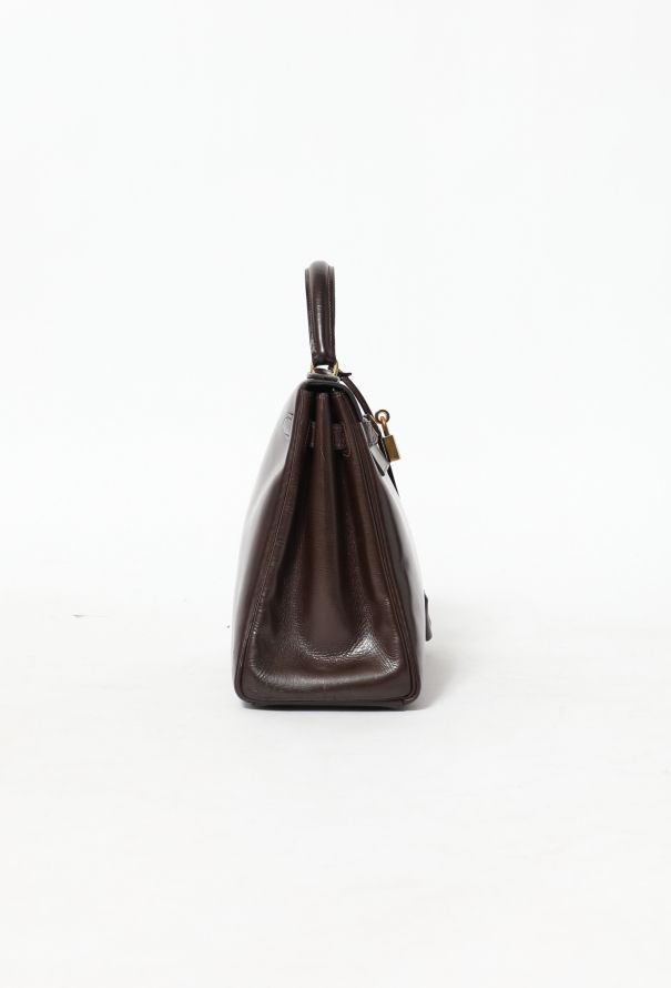 Hermes 1970's 32cm Shiny Chocolate Crocodile Rigid Kelly Bag with