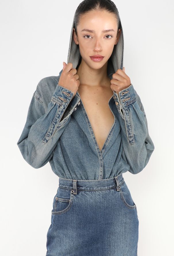 Alaïa S/S 2022 Denim Hooded Bodysuit - 1