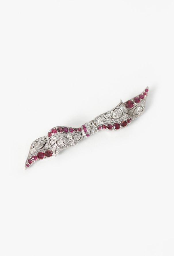 Vintage Fine Jewelry Art Deco Platinum & White Gold Diamond Ruby Bow Brooch - 3