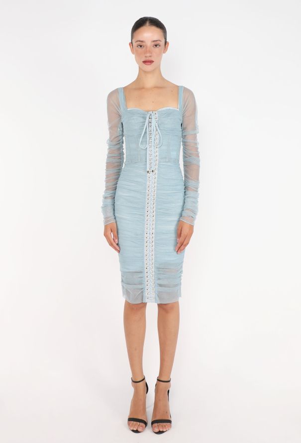 Dolce & Gabbana Ruched Lace-Up Tulle Dress, S/S 2019 - 1