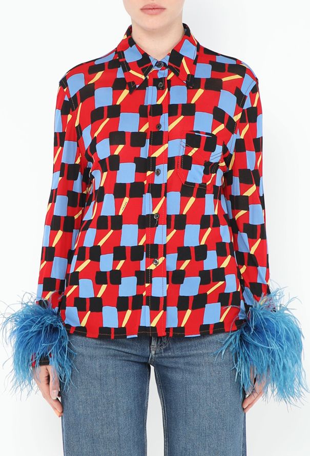 Prada S/S 2017 Graphic Ostrich Trim Blouse - 1