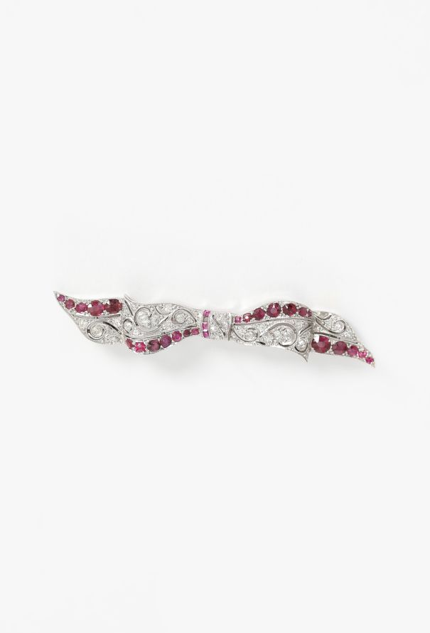 Vintage Fine Jewelry Art Deco Platinum & White Gold Diamond Ruby Bow Brooch - 1