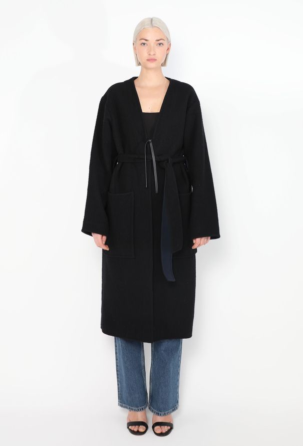 Céline Navy Belted Collarless Coat - 2 Céline Navy Belted Collarless Coat - 2