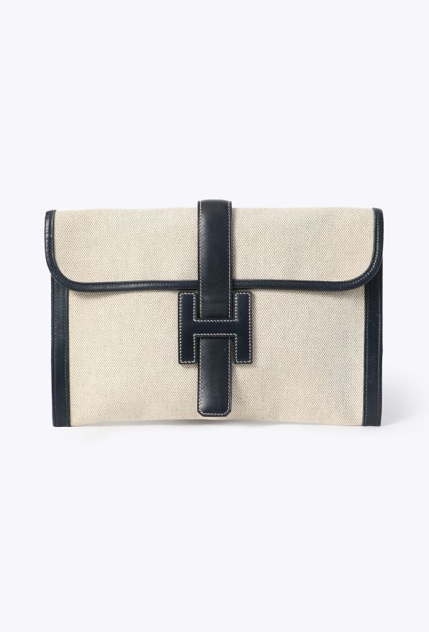 Hermès Vintage Toile H & Navy Box Jige Clutch - 1