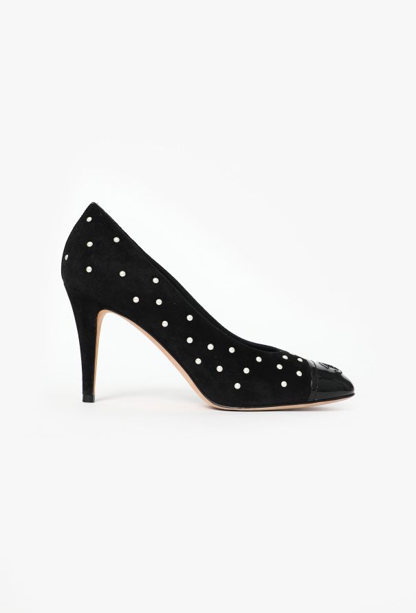 Chanel Pearl Appliqué Suede Pumps - 1